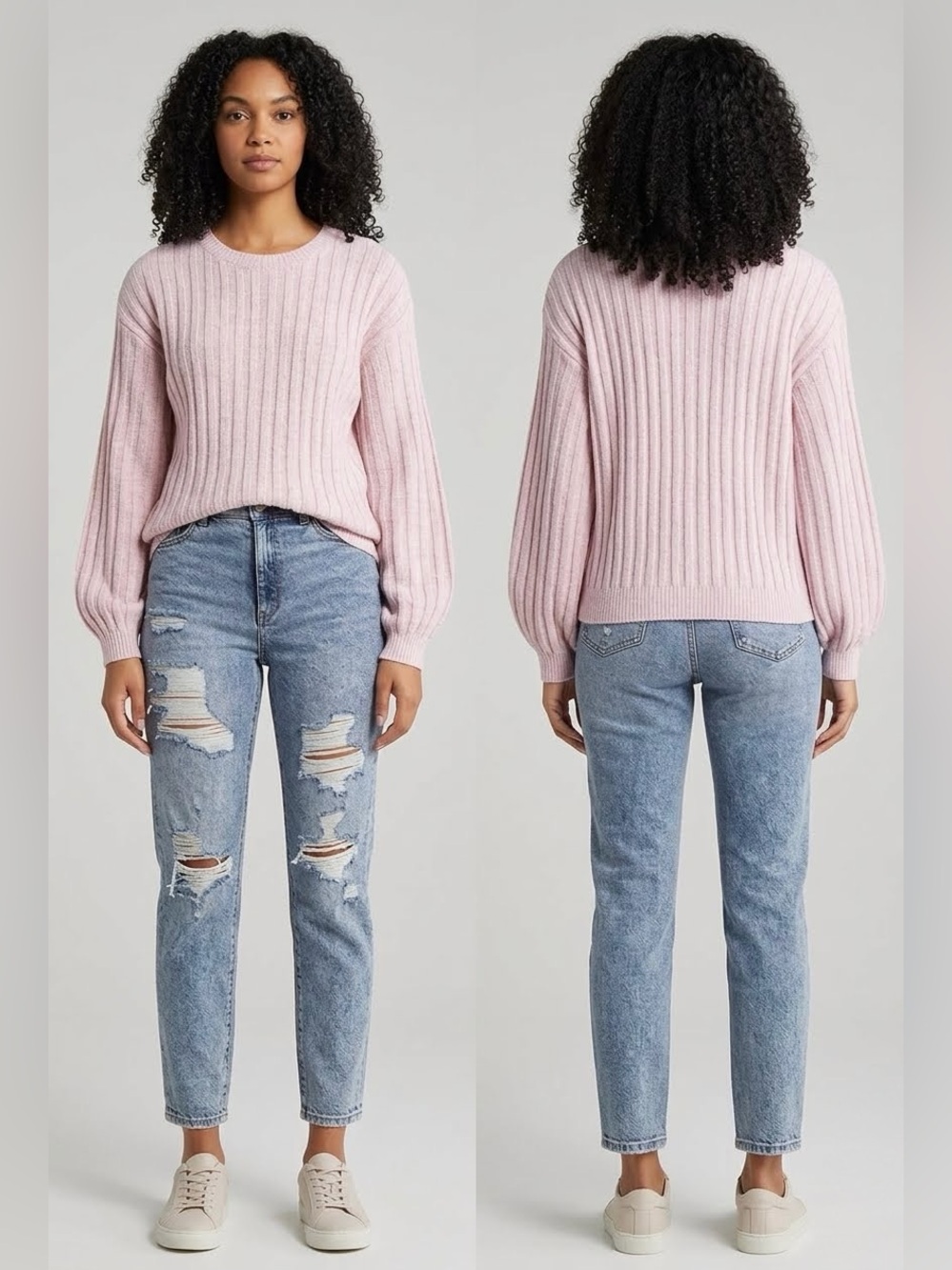BLANKNYC Lilac Mist Ribbed Crewneck Sweater Size S Balloon Sleeve Knit Pullover